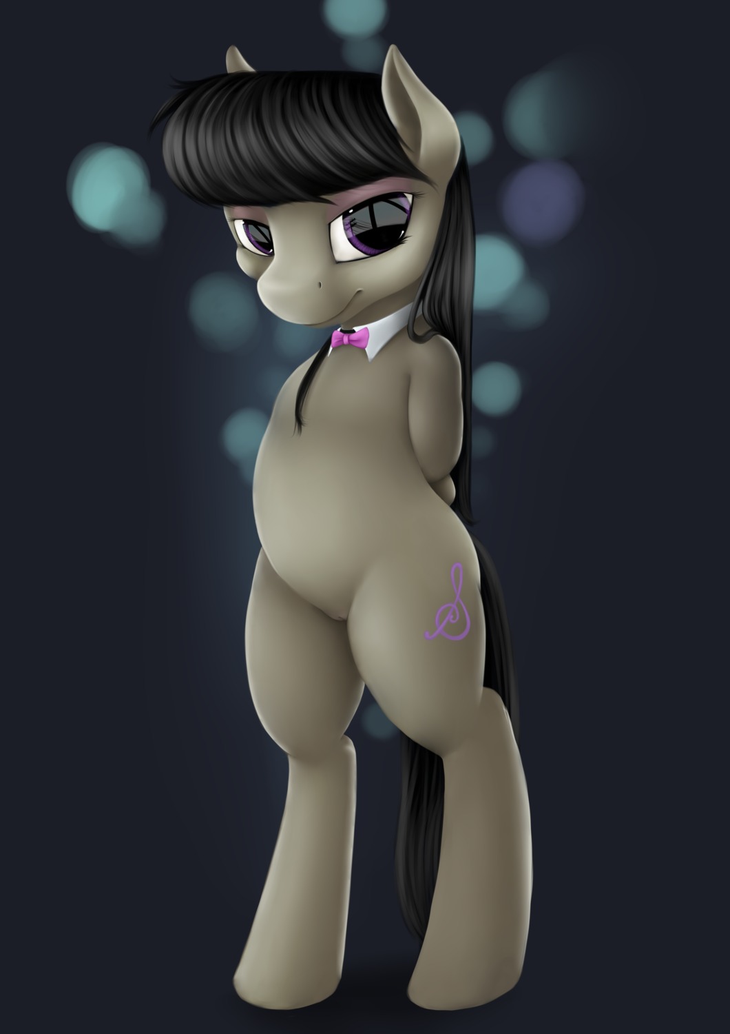 2014 absurd_res anthro barely_visible_genitalia barely_visible_vulva biped black_hair bow_(feature) bow_tie cutie_mark digital_media_(artwork) dustyvalentino e621 earth_pony equid equine featureless_chest female friendship_is_magic full-length_portrait fur genitals grey_body grey_fur hair hands_behind_back hasbro hi_res horse long_hair looking_at_viewer mammal my_little_pony nude octavia_(mlp) pony portrait purple_eyes semi-anthro shirt_collar smile solo standing vulva