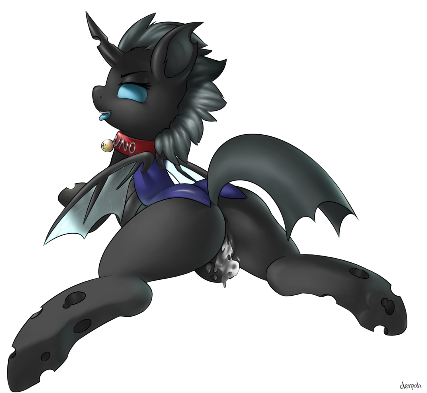 anus arthropod bell black_body black_skin blue_sclera blue_tongue bodily_fluids changeling_(mlp) collar cum cum_in_vagina cum_inside cum_on_leg digital_media_(artwork) e621 fan_character fangs female feral friendship_is_magic genital_fluids genitals grey_hair hair hasbro hi_res horn insect_wings kuno_(aaoth) looking_at_viewer looking_back lying marblesoda my_little_pony on_front open_mouth pose presenting raised_tail rear_view shaded signature simple_background smile solo spread_legs spreading tail teeth tongue tongue_out vulva white_background wings