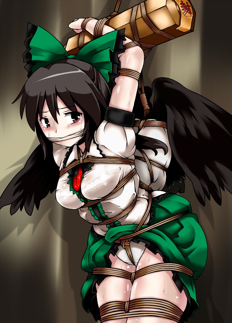1girls arm_cannon arms_up black_hair bondage bound bow breasts brown_eyes cape cleave_gag crotch_rope female female_only femsub fully_clothed gag gagged green_skirt hair hairbow lili_(artist) lilish medium_breasts panties rope rule34 shirt skirt skirt_lift solo sweat tears tied_up touhou underwear utsuho_reiuji weapon white_panties white_shirt wings
