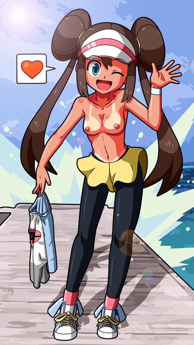 blue_eyes breasts brown_hair female female_only heart highres human long_hair miniskirt no_shirt pantyhose pokemon pokemon_bw2 rorretsim rosa_(pokemon) rule34 solo tanline water