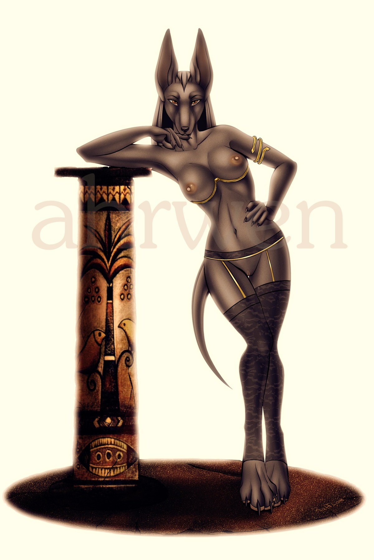 2011 ahrwen anthro anubian_jackal armlet biped breasts brown_eyes canid canine canis claws e621 egyptian female genitals grey_body hi_res jackal jewelry looking_at_viewer mammal navel nipples nude pillar rafflone solo standing tail vulva watermark