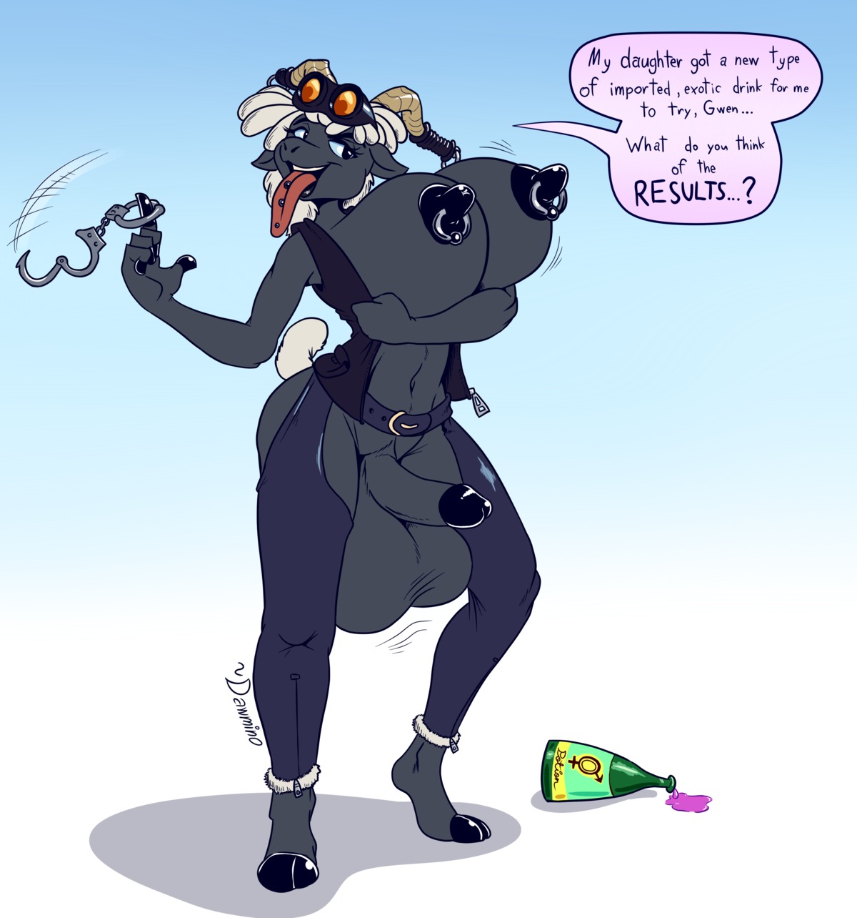 absurd_res anthro areola balls big_balls big_breasts big_penis biped bovid breasts butt caprine chaps clothing cuff_(restraint) dawmino dialogue digital_media_(artwork) domestic_sheep dreadlocks e621 english_text erection eyewear fur genitals goggles gynomorph hair handcuffs hi_res horn huge_balls huge_penis humanoid_genitalia humanoid_penis hyper hyper_balls hyper_genitalia intersex long_tongue mammal metal_cuffs nipple_piercing nipples open_mouth penis piercing potion restraints shackles sheep simple_background smile solo standing text tongue tongue_piercing topwear vest white_body white_fur