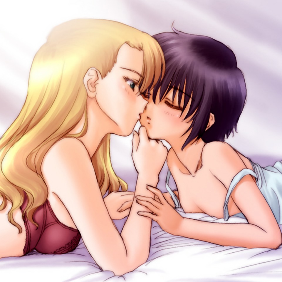 2girls blonde_hair bob_cut breasts closed_eyes female kissing lingerie long_hair mireille_bouquet multiple_females multiple_girls noir_(anime) purple_hair rule34 short_hair yuri yuumura_kirika