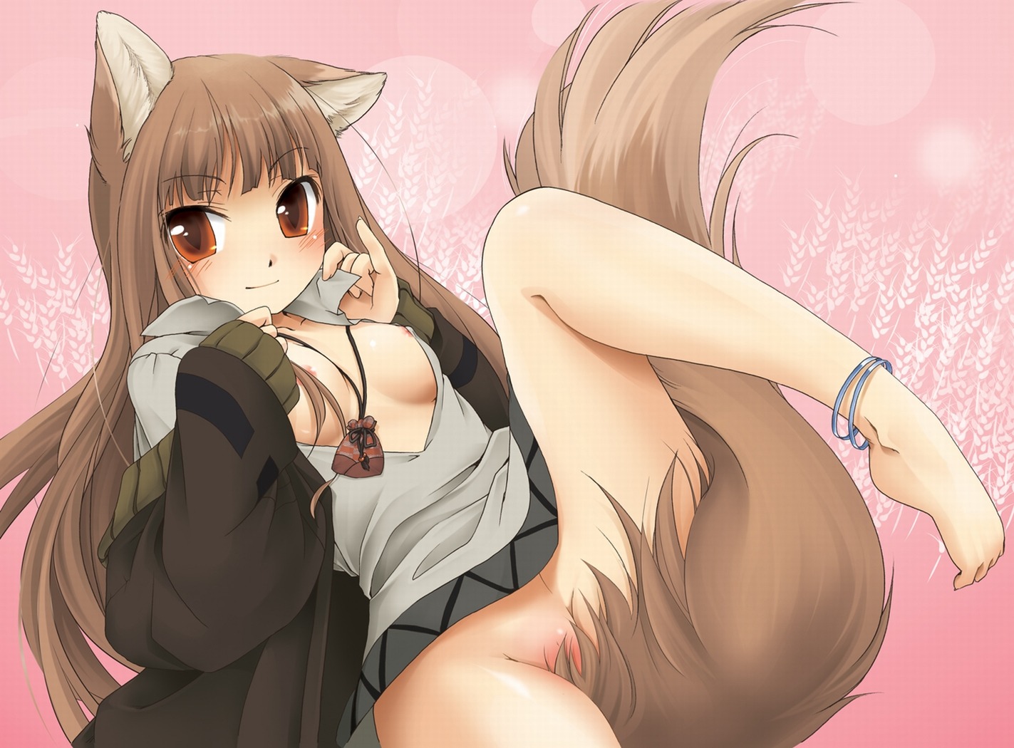 1girls blush boyfriends_shirt breasts clothing female holo huge_eyes ikuta_takanon rule34 small_breasts solo spice_and_wolf tagme wearing_others_clothes