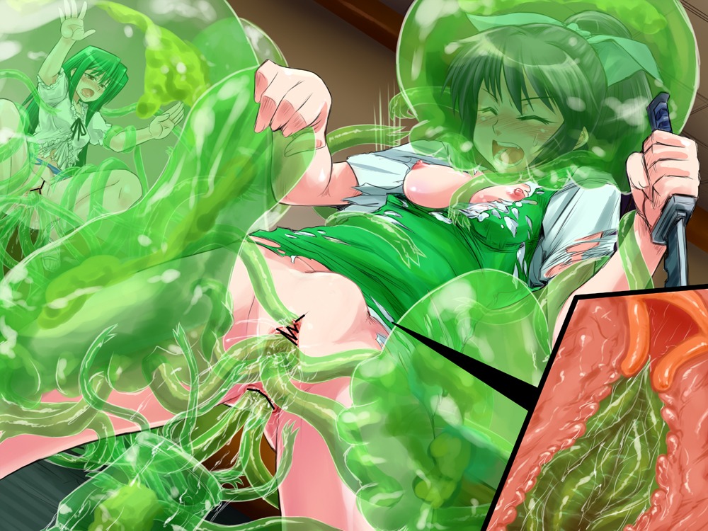 2girls ahe_gao anal asphyxiation blush breasts brown_hair bulge censored cervical_penetration cervix closed_eyes clothed_sex clothing deep_penetration double_anal female green_hair green_tentacles helpless inusurvivor kisei_joker long_hair monster nipples open_mouth penetration pointless_censoring pussy pussy_juice quadruple_vaginal rape rule34 sakurai_mako_(kisei_joker) saliva slime slime_monster small_breasts spread_legs stomach_bulge sword tentacle tentacle_monster torn_clothes toudou_haruka translucent_tentacles uterus vaginal_penetration weapon x-ray