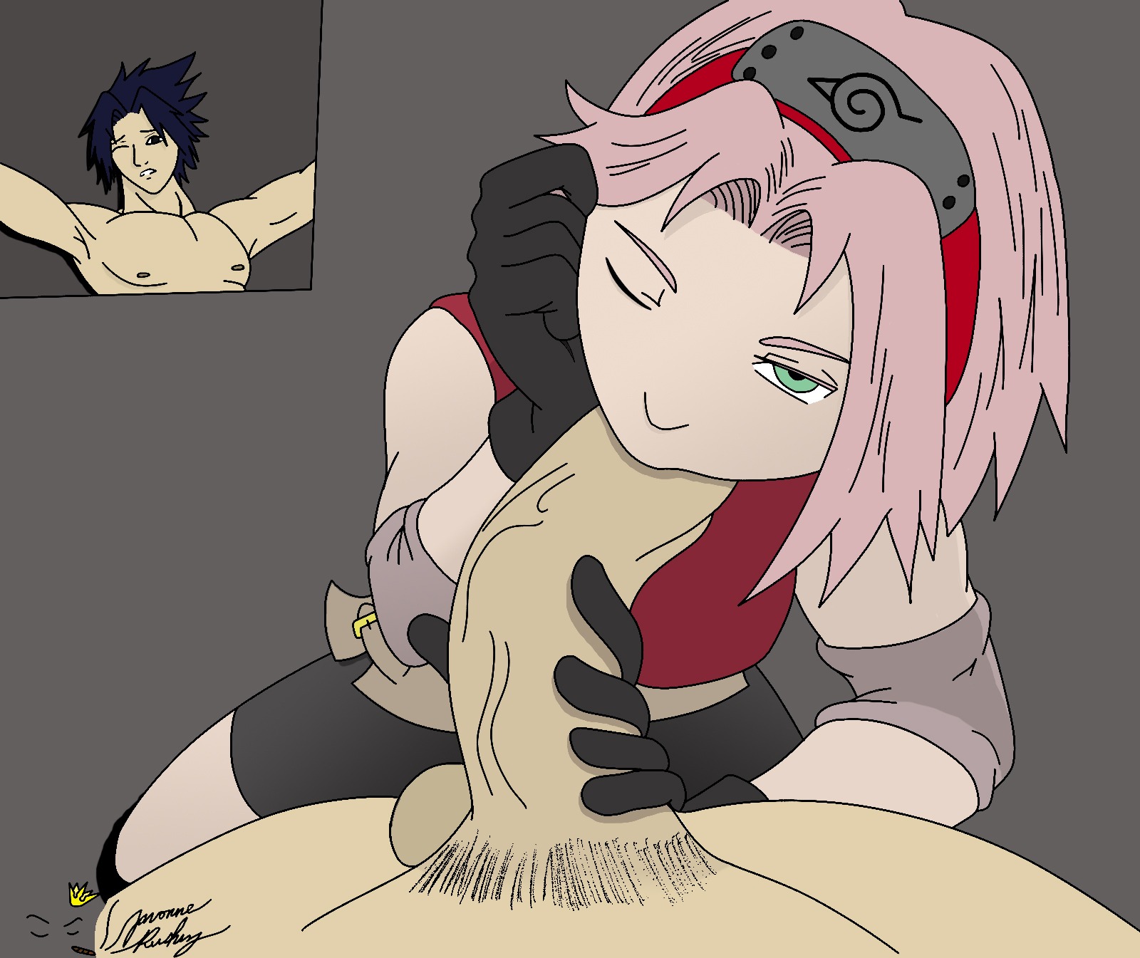 1boy 1girls black_hair clothes color fellatio female human humanoid male naruto naruto_(series) naruto_shippuden oral penis rule34 sakura_haruno sasuke_uchiha short_hair straight sucking_penis