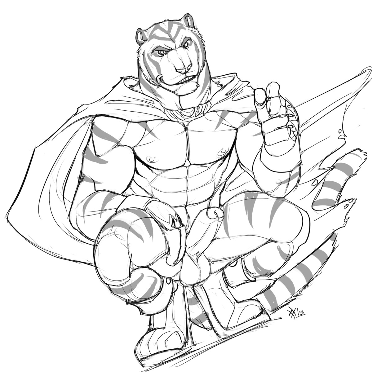 1:1 2013 abs animal_genitalia anthro athletic balls biceps big_muscles build_tiger build_tiger_(character) cape claws clothing crouching e621 erection fangs felid foreskin fur genitals grin hi_res humanoid_genitalia humanoid_penis looking_at_viewer male mammal markings monochrome muscular muscular_anthro muscular_male nipples nude pantherine partially_retracted_foreskin pecs penis pose presenting rrowdybeast sheath sketch smile solo stripes teeth tiger