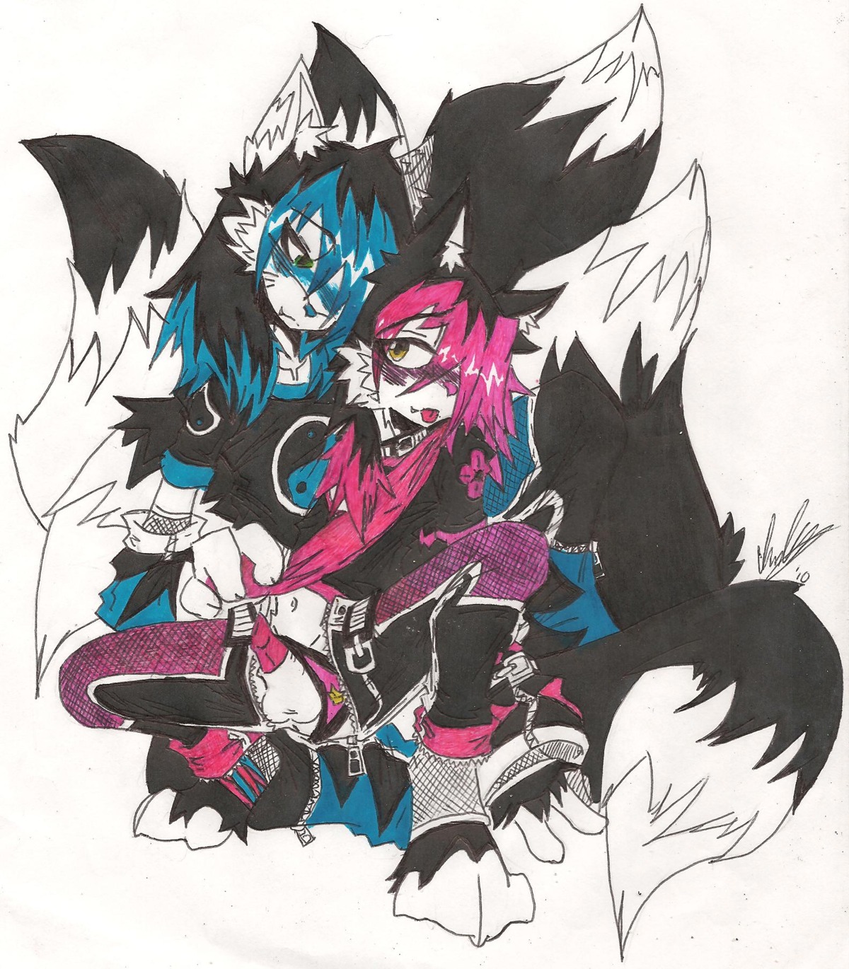 2010 alternative_fashion anthro armwear balls blush canid canine clothed clothing clothing_aside crouching duo e621 emo emo_haircut felid fishnet_clothing fox genitals hi_res kyubi_kun kyubun lion looking_at_another male male/male mammal muff_the_cat multi_tail navel pantherine penis simple_background tail traditional_media_(artwork) underwear underwear_aside white_background