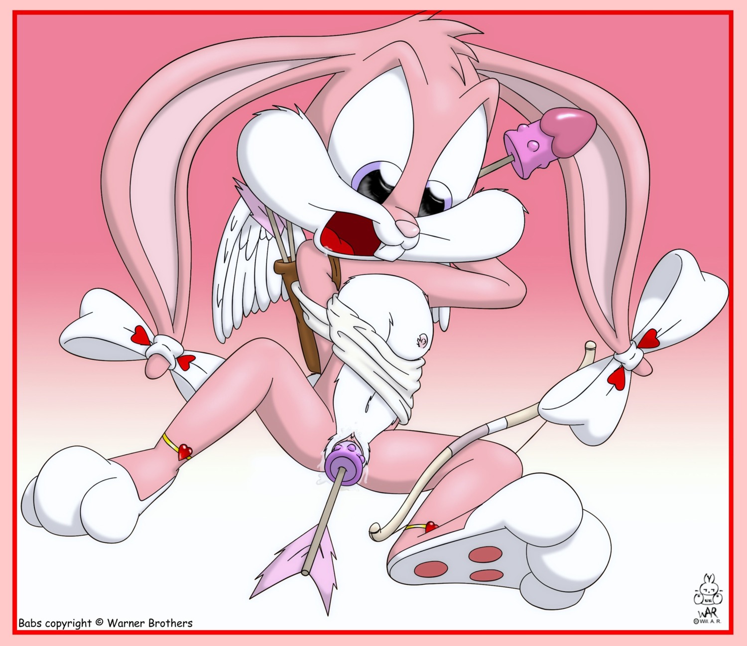 anthro arrow_(weapon) babs_bunny border bow_(weapon) breasts dildo dildo_arrow e621 female genitals heart_symbol hi_res holidays ishoka lagomorph leporid mammal masturbation nipples nude penetration pink_border quiver_(object) rabbit ranged_weapon sex_toy simple_background solo text tiny_toon_adventures toying_self vaginal vaginal_masturbation vaginal_penetration valentine's_day vulva warner_brothers weapon