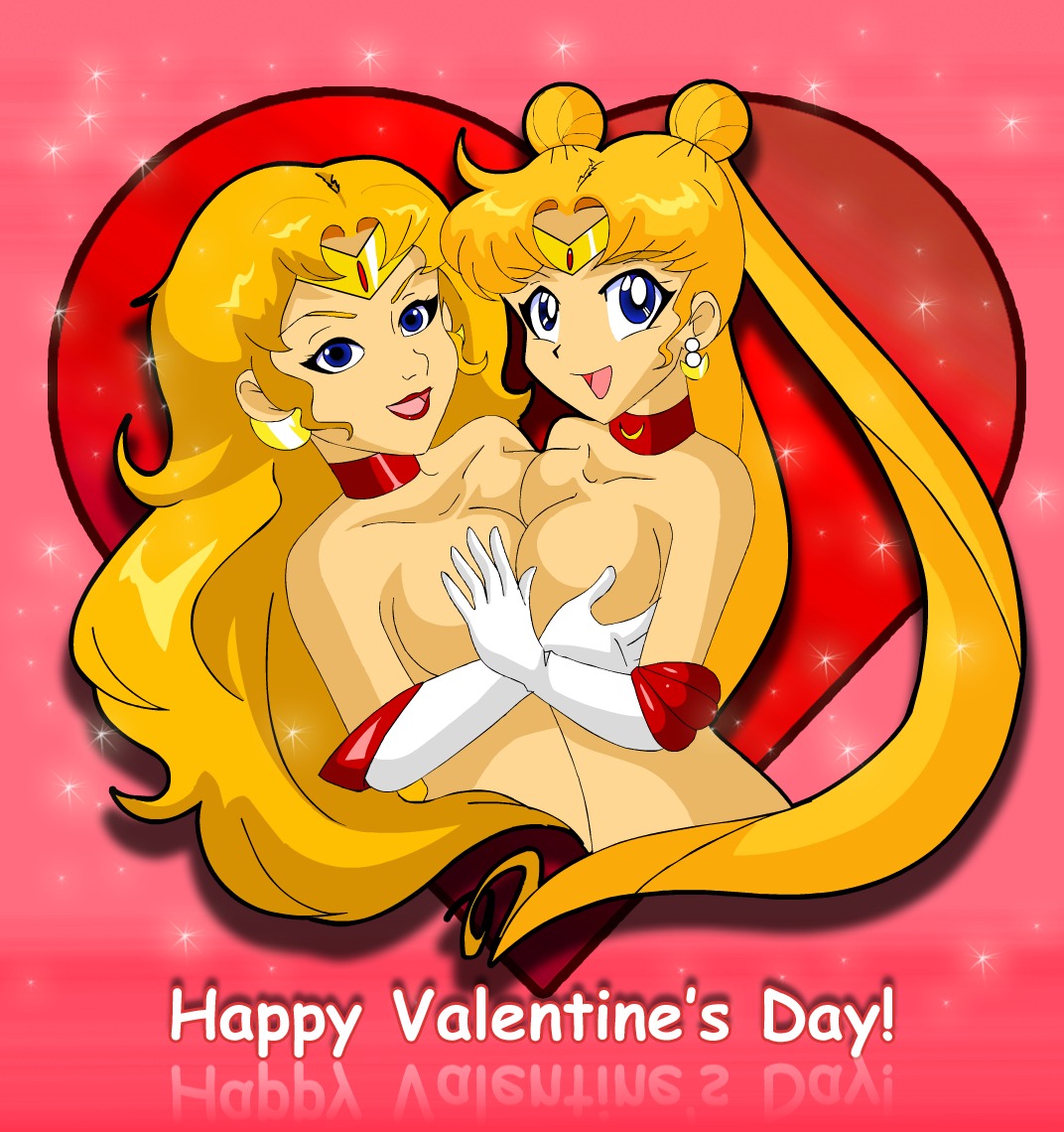 2girls art_style_clash bishoujo_senshi_sailor_moon blonde_hair breasts choker cleavage crazylegz42 crossover dual_persona eastern_and_western_character elbow_gloves female female_only gloves heart jewelry large_breasts long_hair multiple_females multiple_girls nude rule34 saban_moon sailor_moon symmetrical_docking tagme tiara usagi_tsukino valentine's_day white_gloves yuri