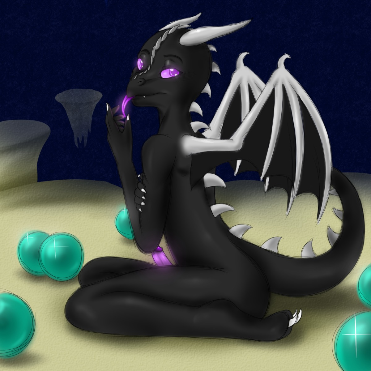 1:1 anthro bioluminescence black_body black_skin crossgender dragon e621 ender_dragon ender_pearl erection femboy genitals glans glowing hi_res humanoid_genitalia humanoid_penis looking_at_viewer male membrane_(anatomy) membranous_wings microsoft minecraft mojang mythological_creature mythological_scalie mythology nude orb penis purple_eyes scalie side_view solo splashyu tail tongue tongue_out wings xbox_game_studios