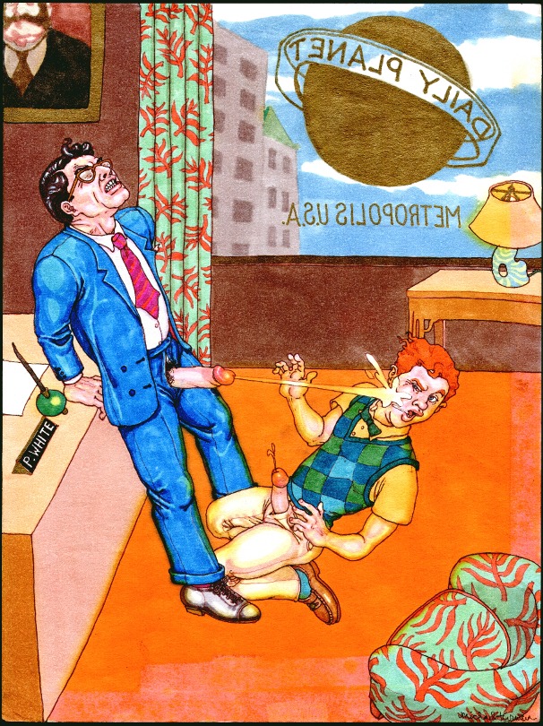 2boys black_hair bowtie clark_kent clenched_teeth closed_eyes clothed cum cum_on_face cumshot daily_planet dc dc_comics erect_penis erection fully_clothed gay ginger glasses green_eyes jimmy_olsen kal-el kneeling leaning_back male male_only michael_kirwan office orange_hair orgasm_face pants_open penis penis_out penis_size_difference rule34 superman superman_(clark_kent) superman_(series) sweater_vest yaoi