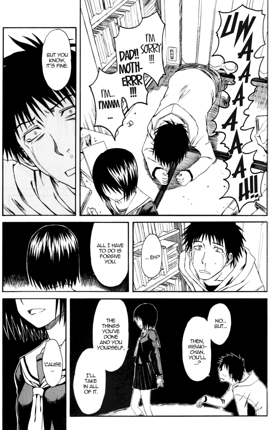 after_sex black_hair clothed clothed_female clothed_male comic comic_page crying english_text female male manga manga_page manga_style misaki_nakahara monochrome nhk_ni_youkoso! rape rule34 school_uniform schoolgirl seifuku serafuku short_hair tagme tatsuhiro_satou text text_bubble welcome_to_the_nhk