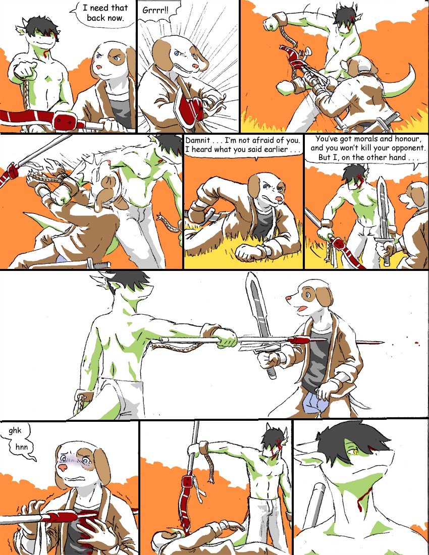 anthro blood bodily_fluids canid canine canis clothed clothing comic death dialogue domestic_dog dragon dranz_(reiger) e621 english_text fight glaive group killing male male_death mammal melee_weapon mythological_creature mythological_scalie mythology pain polearm reiger sad scalie sword tail text topless violence weapon