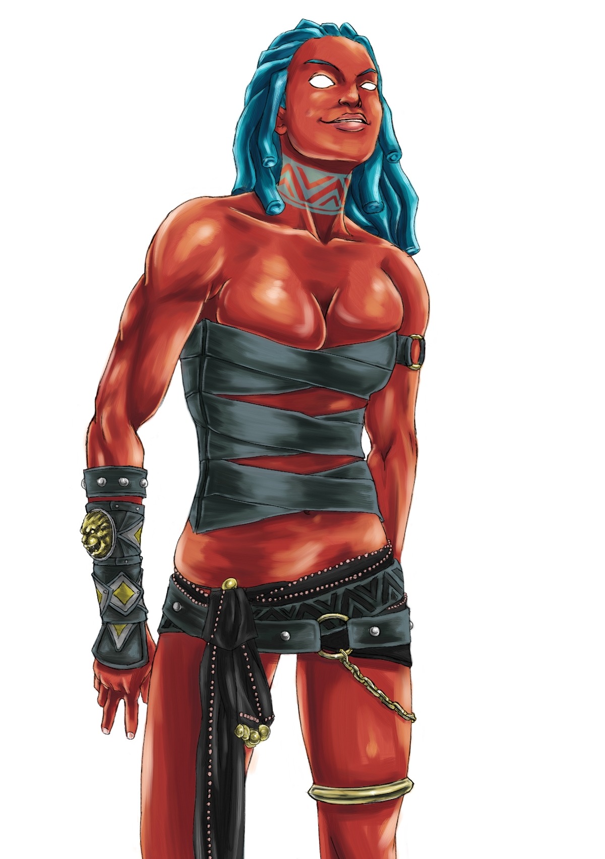 breast_suppress breasts capcom color cyan_hair female female_only front_view hair hakan human red_skin rule34 rule_63 simple_background solo straight_hair street_fighter white_background