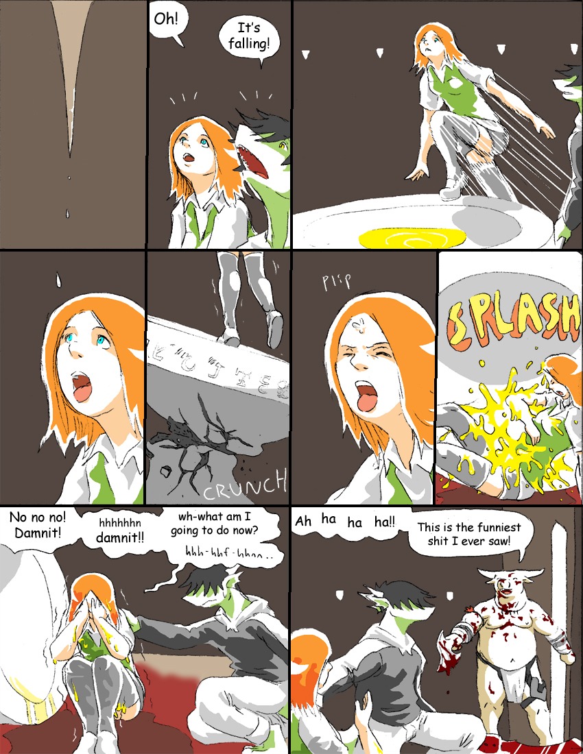 anthro axe black_hair blonde_hair blood bodily_fluids bovid bovine comic damsel_(reiger) dialogue dio_(reiger) dragon dranz_(reiger) e621 english_text european_mythology female genital_fluids greek_mythology group hair horn human male mammal melee_weapon minotaur mythological_creature mythological_scalie mythology profanity reiger scalie shrine text urine weapon wet