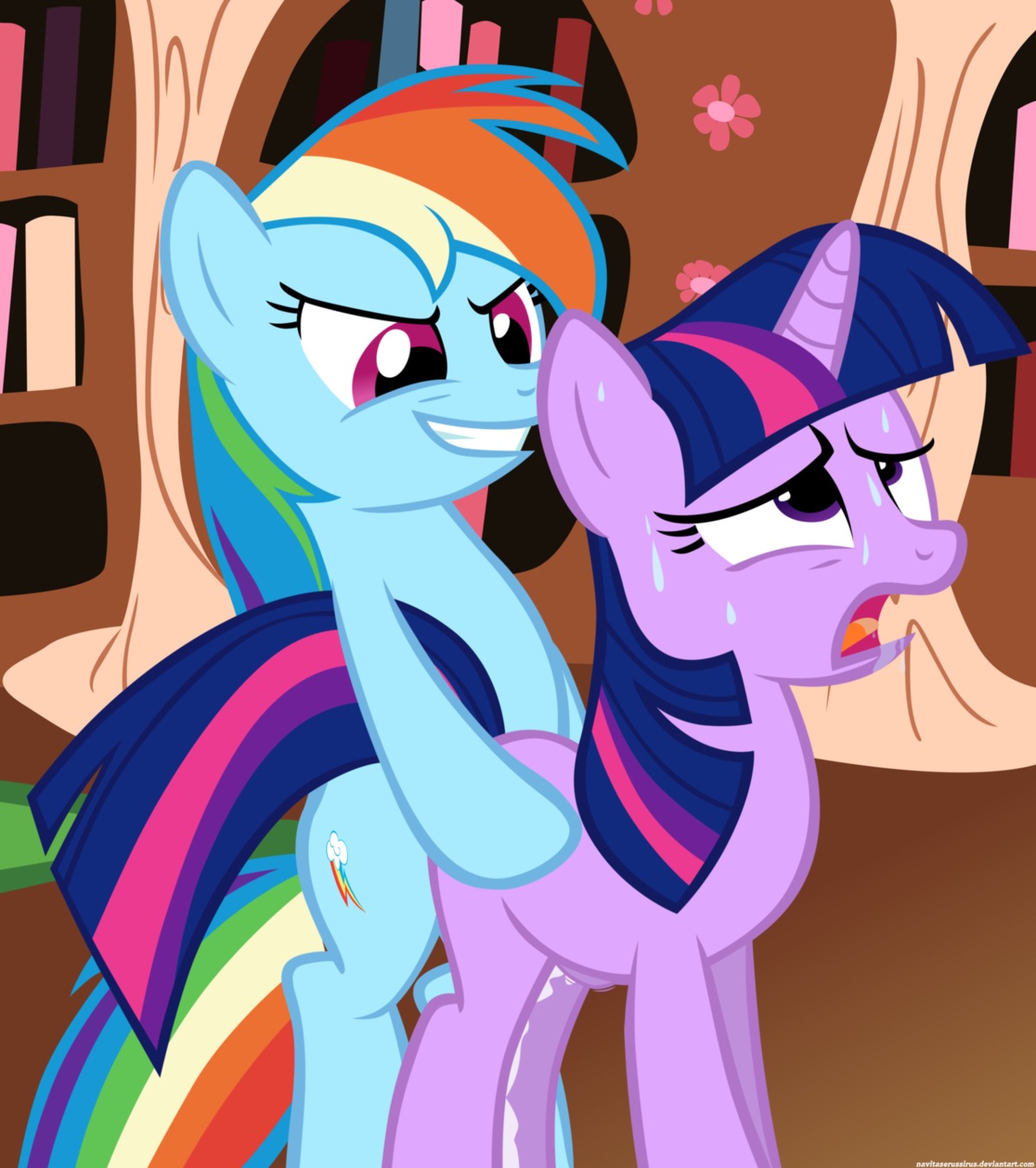 abdominal_bulge blue_body blue_fur bodily_fluids cum duo e621 equid equine female female_penetrated feral friendship_is_magic from_behind_position fur genital_fluids gynomorph gynomorph/female gynomorph_penetrating gynomorph_penetrating_female hair hasbro hi_res horn horse inside intersex intersex/female intersex_penetrating intersex_penetrating_female mammal multicolored_hair multicolored_tail my_little_pony mythological_creature mythological_equine mythology navitaserussirus open_mouth penetration penile penile_penetration penis_in_vagina pony purple_body purple_fur purple_hair rainbow_dash_(mlp) rainbow_hair rainbow_tail sex sweat tail tongue twilight_sparkle_(mlp) two_tone_hair unicorn vaginal vaginal_penetration