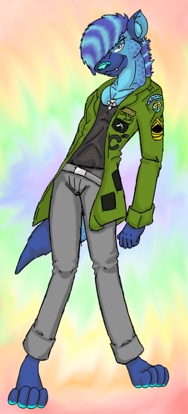 anthro belt bottomwear clothed clothing denim denim_bottomwear denim_clothing e621 ear_piercing facial_piercing feet fluffy frozen_over fully_clothed hi_res hindpaw hyena jacket jeans jewelry male mammal mane necklace pants paws piercing sexyspots shirt skinny smile solo spots spotted_hyena tank_top topwear wide_hips