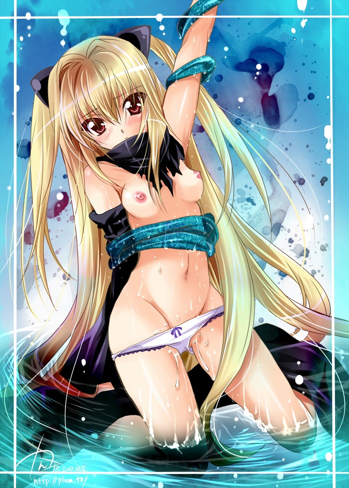 1girls blush breasts clothing detached_sleeves female kanna_(plum) konjiki_no_yami long_hair navel nipples panties red_eyes rule34 small_breasts solo tentacle to_love-ru torn_clothes underwear undressing