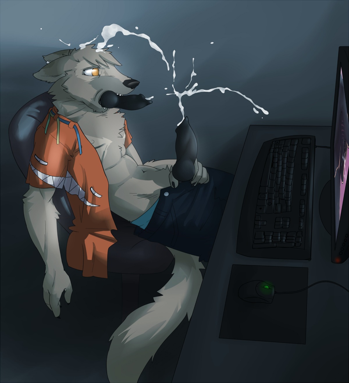2012 5_fingers animal_genitalia animal_penis anthro biped black_penis bodily_fluids bottomwear canid canine canine_genitalia canine_penis canine_penis_tongue chair clothed clothing computer computer_mouse creepy_face crossing_the_streams cum cum_on_head cum_on_self cumshot desk e621 e621_post_recursion ear_piercing ejaculation electronics erection fingers fur furniture genital_fluids genitals grey_body grey_fur half-closed_eyes hi_res holding_penis knot male mammal masturbation monitor narrowed_eyes navel office_chair open_clothing open_mouth open_shirt open_topwear orange_eyes orgasm pants penile penile_masturbation penis penis_poking_out penis_tongue piercing pornography shirt sitting solo syynx syynx_(character) table tail teeth tongue tongue_out topwear unbuttoned underwear unusual_anatomy unusual_genitalia_placement unusual_penis_placement what what_has_science_done yellow_eyes