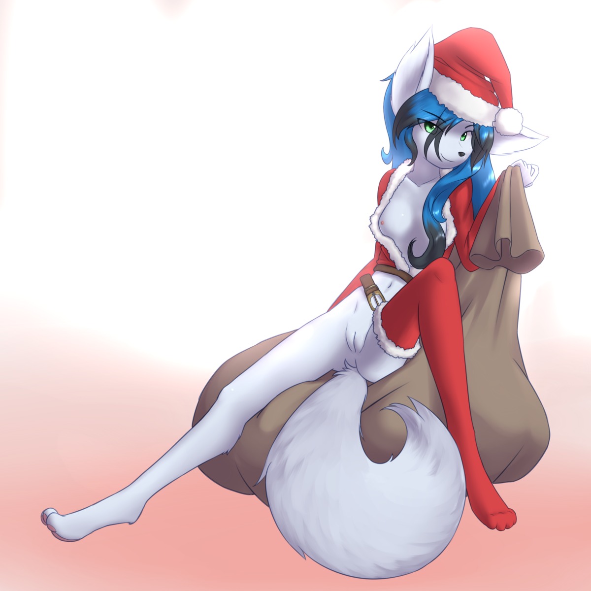1:1 abstract_background absurd_res anthro biped blue_hair breasts canid canine christmas christmas_clothing christmas_headwear clothing delicious_(artist) digital_media_(artwork) e621 female fluffy fluffy_tail fox genitals green_eyes hair hat headgear headwear hi_res holidays mammal nipples santa_hat shaded simple_background sitting solo tail vulva