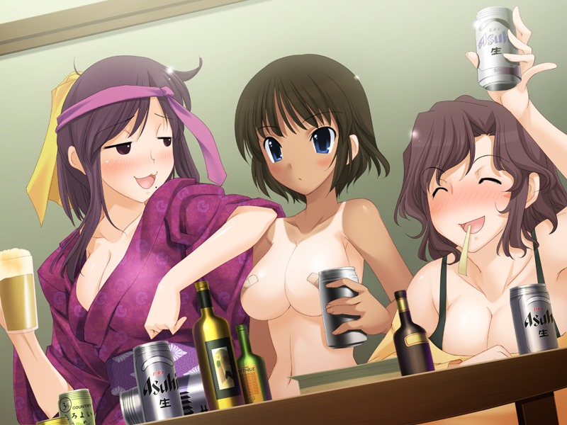 3girls alcohol bandage bandages bandaid bandaids_on_nipples beer blue_eyes blush bottle breasts brown_eyes brown_hair cleavage closed_eyes dark_skin drinking drunk female female_only happy headband human koi_to_mizugi_to_taiyo_to large_breasts liqour long_hair multiple_females multiple_girls nipples nude purple_hair purple_headband rule34 short_hair smile smirk tan tank_top tanline