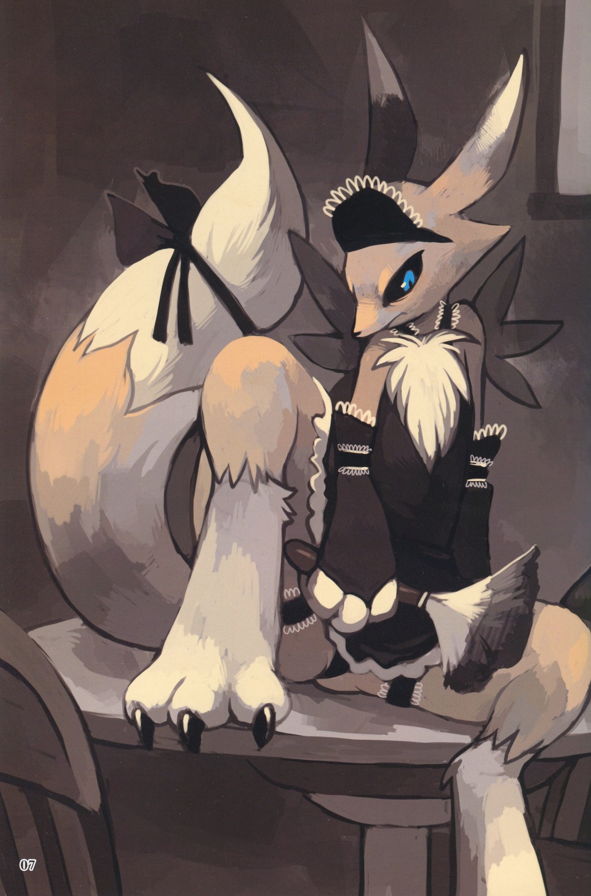 anthro barefoot black_sclera blue_eyes clothes color digimon duster female female_only front_view fur furry furry_ears furry_tail holding indoors maid pointy_ears purplekecleon raised_tail renamon rule34 sitting solo table tagme tail