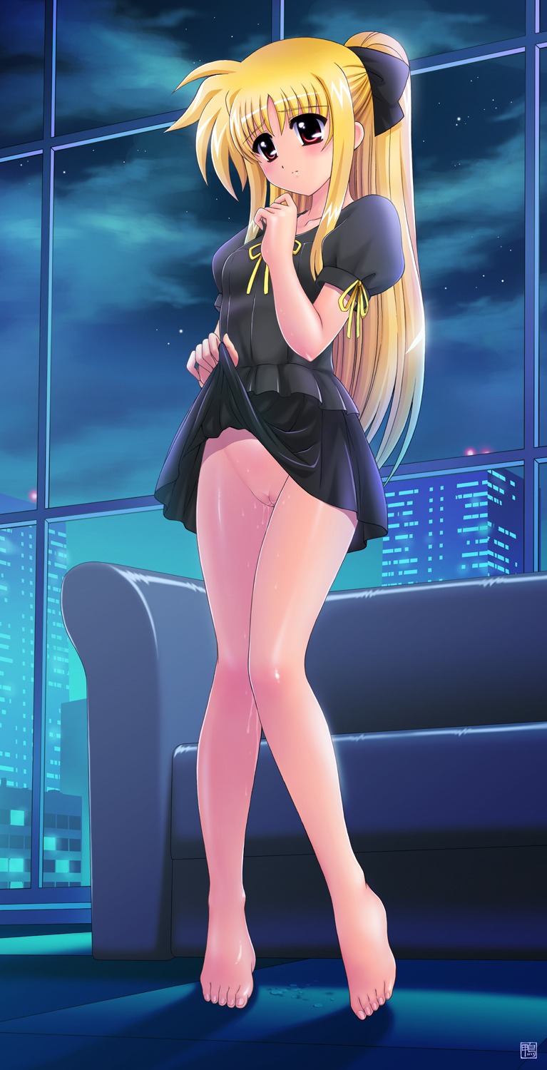 barefoot blonde_hair blush city couch fate_testarossa feet female flat_chest highres kamogawa_tanuki long_hair lyrical_nanoha mahou_shoujo_lyrical_nanoha night night_sky no_panties ponytail pussy pussy_juice red_eyes ribbon rule34 skirt skirt_lift sky solo tied_hair uncensored