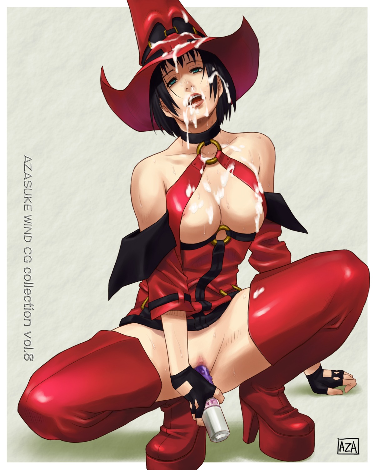 1girls arm_support azasuke bare_shoulders beauty_mark black_hair bob_cut boots breasts censored choker cleavage cum cum_on_body cum_on_breasts cum_on_clothes cum_on_hair cum_on_upper_body cumdrip dildo facial female female_masturbation fingerless_gloves gloves green_eyes guilty_gear hat high_resolution i-no masturbation mole mole_above_mouth no_panties open_mouth pussy rule34 shaved_pussy short_hair solo spread_legs squatting sweat thigh_boots thighhighs vibrator witch_hat