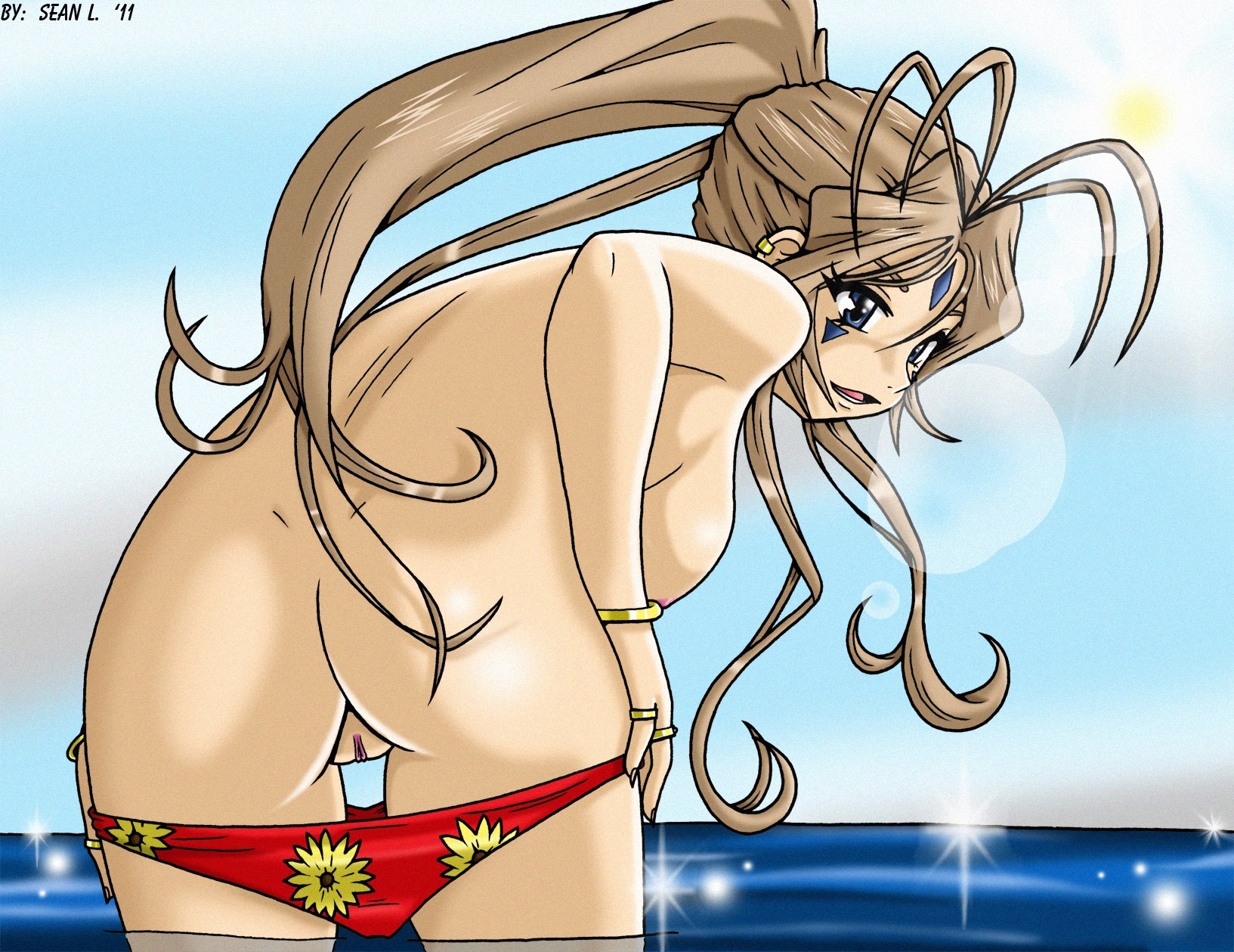 1girls 2011 antenna_hair armlet ass belldandy bikini blue_eyes breasts brown_hair facial_markings female jewelry looking_back nude oh_my_goddess! public_nudity pussy rings rule34 single_braid sky small_breasts sseanboy23 sun swimsuit thigh_gap undressing very_long_hair water