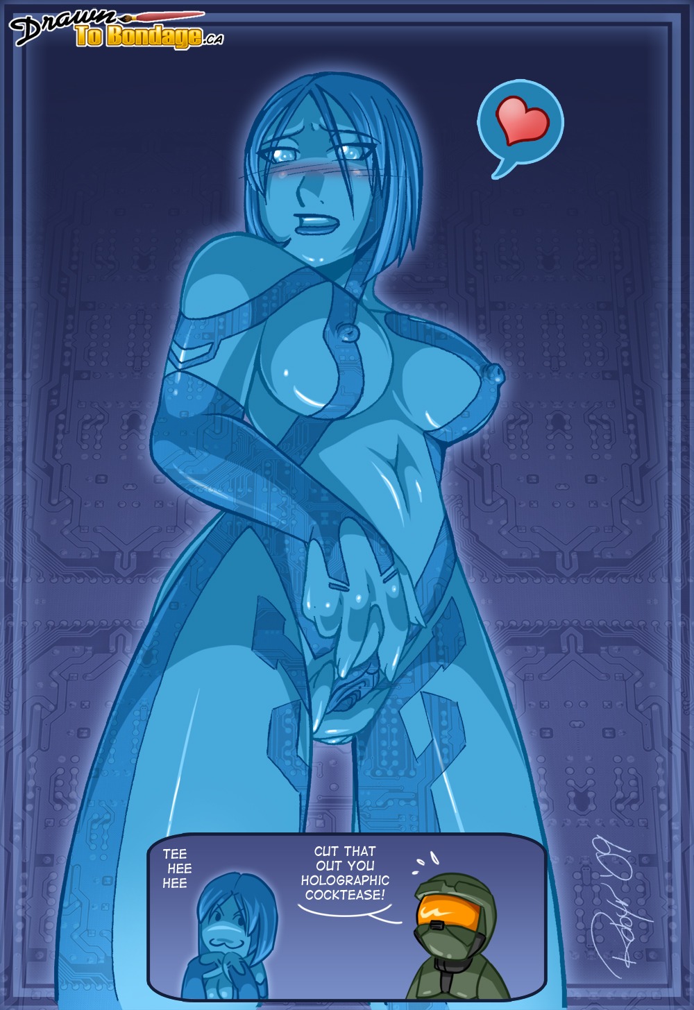 :3 ackanime artificial_intelligence blue_body blue_skin blush breasts cortana_(halo) cutaway dialogue digital_creature duo e621 english_text female genitals grandfathered_content halo_(series) heart_symbol hi_res hologram human male mammal master_chief microsoft nipples not_furry nude signature solo_focus teasing text vulva xbox_game_studios