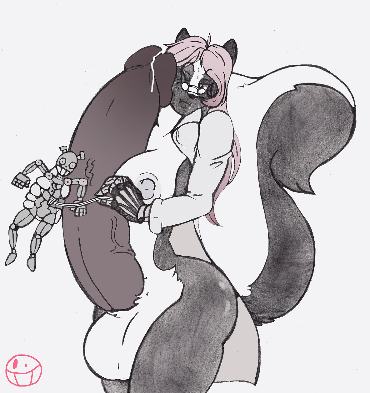 anthro balls black_penis bodily_fluids breasts clothing coat distraction e621 erection eyewear genital_fluids genitals glasses gynomorph hi_res hyper intersex jessabelle_(character) lab_coat machine mammal mephitid nipples penis precum robot ryarik scientist sketch skunk solo topwear vein