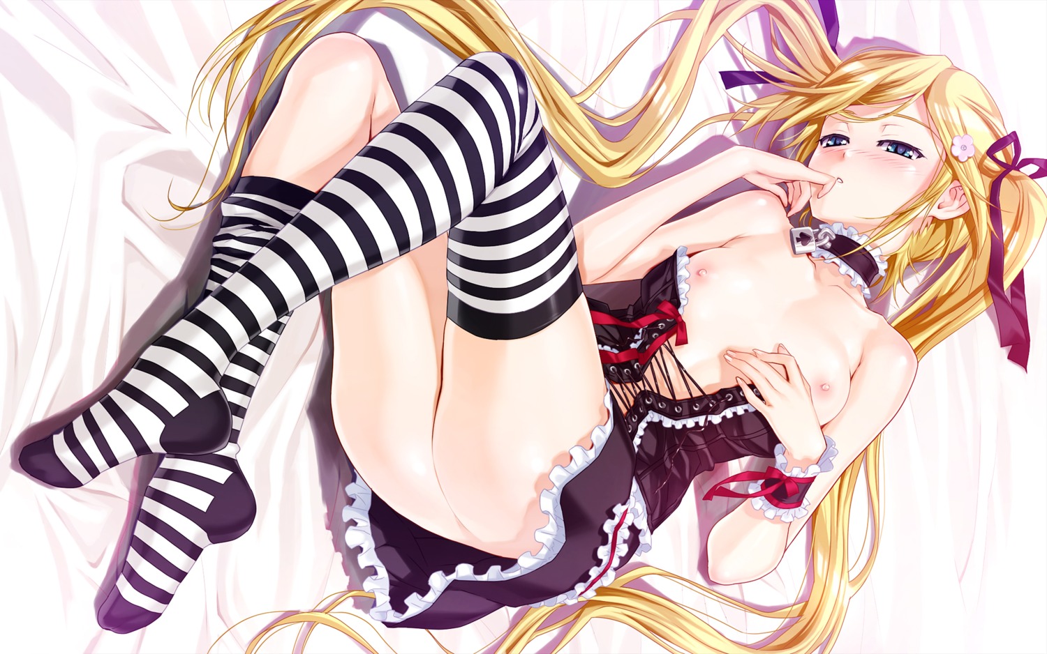 1girls ass bed blonde_hair blue_eyes blush breasts female female_only game_cg happoubi_jin kanojo_x_kanojo_x_kanojo nipples no_bra no_panties nopan orifushi_mafuyu ribbons rule34 solo thighhighs