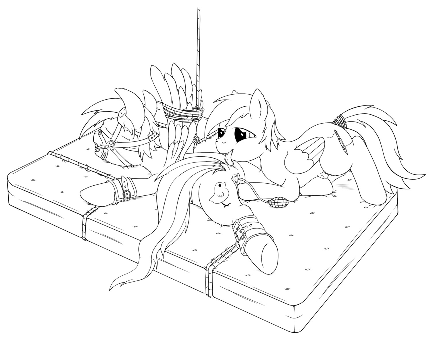 2013 ball_gag bdsm bed bed_bondage blindfold bondage bound buttplug cutie_mark duo e621 equid equine fan_character feathered_wings feathers female feral furniture gag gagged genitals hasbro hi_res male mammal mattress monochrome my_little_pony mythological_creature mythological_equine mythology pegasus plug_(sex_toy) restraints rope sex_toy spread_eagle stinkehund submissive submissive_male tail tail_wraps vulva wings wraps