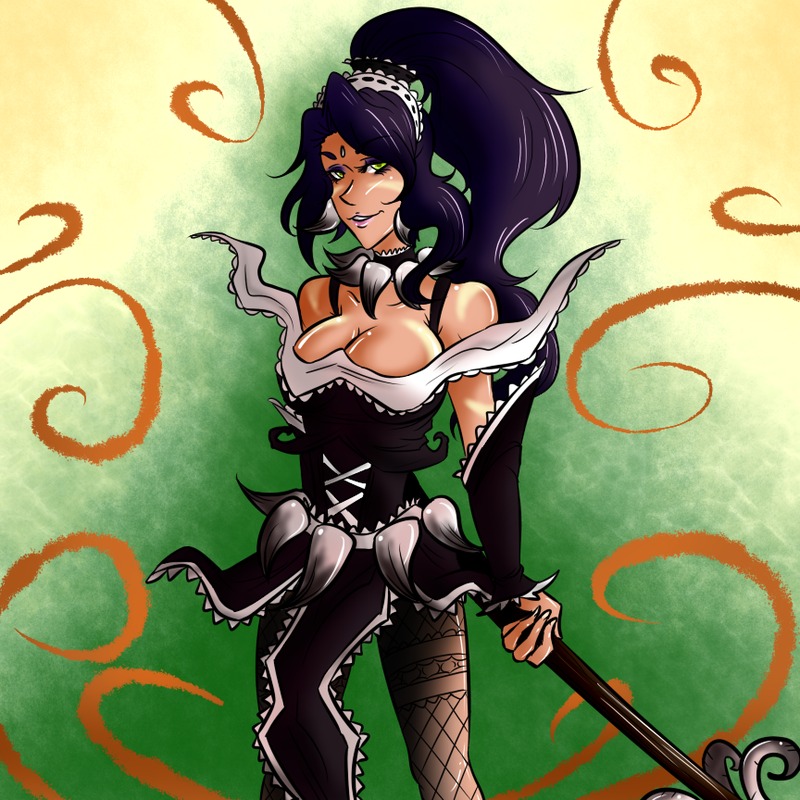 1girls breasts choker cleavage female french_maid_nidalee green_eyes league_of_legends long_hair nidalee ponytail purple_hair rule34 smile smooth_skin solo strapless strapless_dress tied_hair