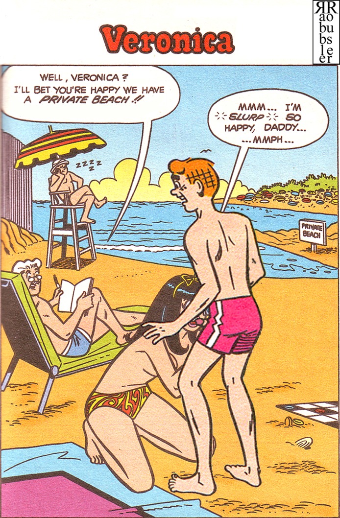 archie_andrews archie_comics beach black_hair breasts fellatio female hair hiram_lodge oral rabblerouser rule34 topless veronica_lodge