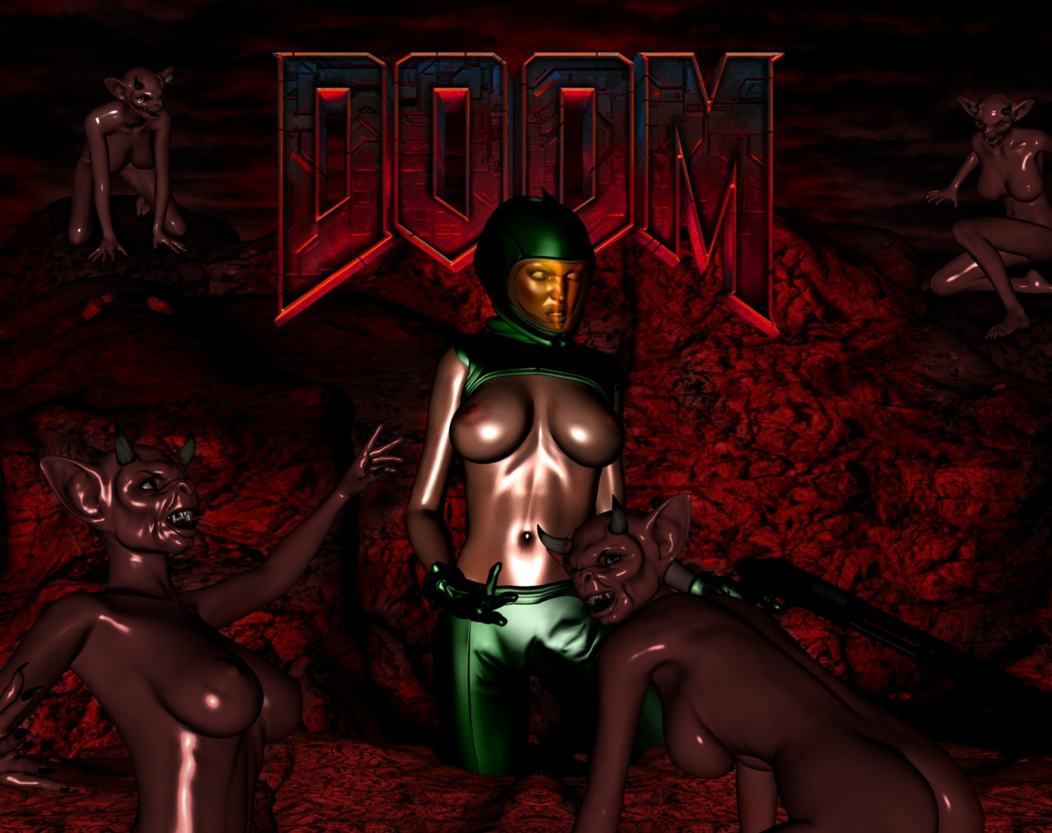 3d 5girls ass bald breasts brown_skin color creepy demon disruptor18 doom doom_slayer_(doom) female female_only genderswap genderswap_(mtf) horns human interspecies nude pointy_ears rule34 rule_63 tagme twistedbrain