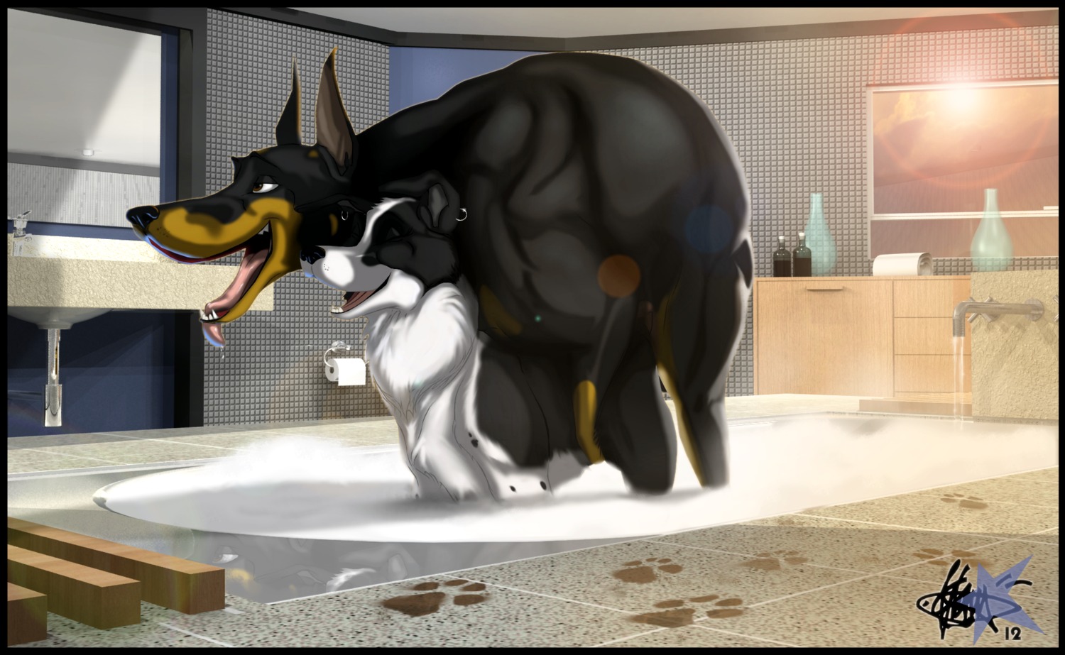 2012 ambiguous_gender ambiguous_penetrated bath bathroom bathtub border_collie canid canine canis collie detailed_background dirt dirty domestic_dog duo e621 ear_piercing eye_roll feral feral_on_feral feral_penetrated feral_penetrating feral_penetrating_feral footprint herding_dog klaus_doberman klaus_doberman_(character) looking_pleasured male male/ambiguous male_penetrating male_penetrating_ambiguous mammal mirror pastoral_dog pawprint penetration piercing sex sheepdog sink size_difference smaller_penetrated soap toilet_paper tongue tongue_out toony towel water