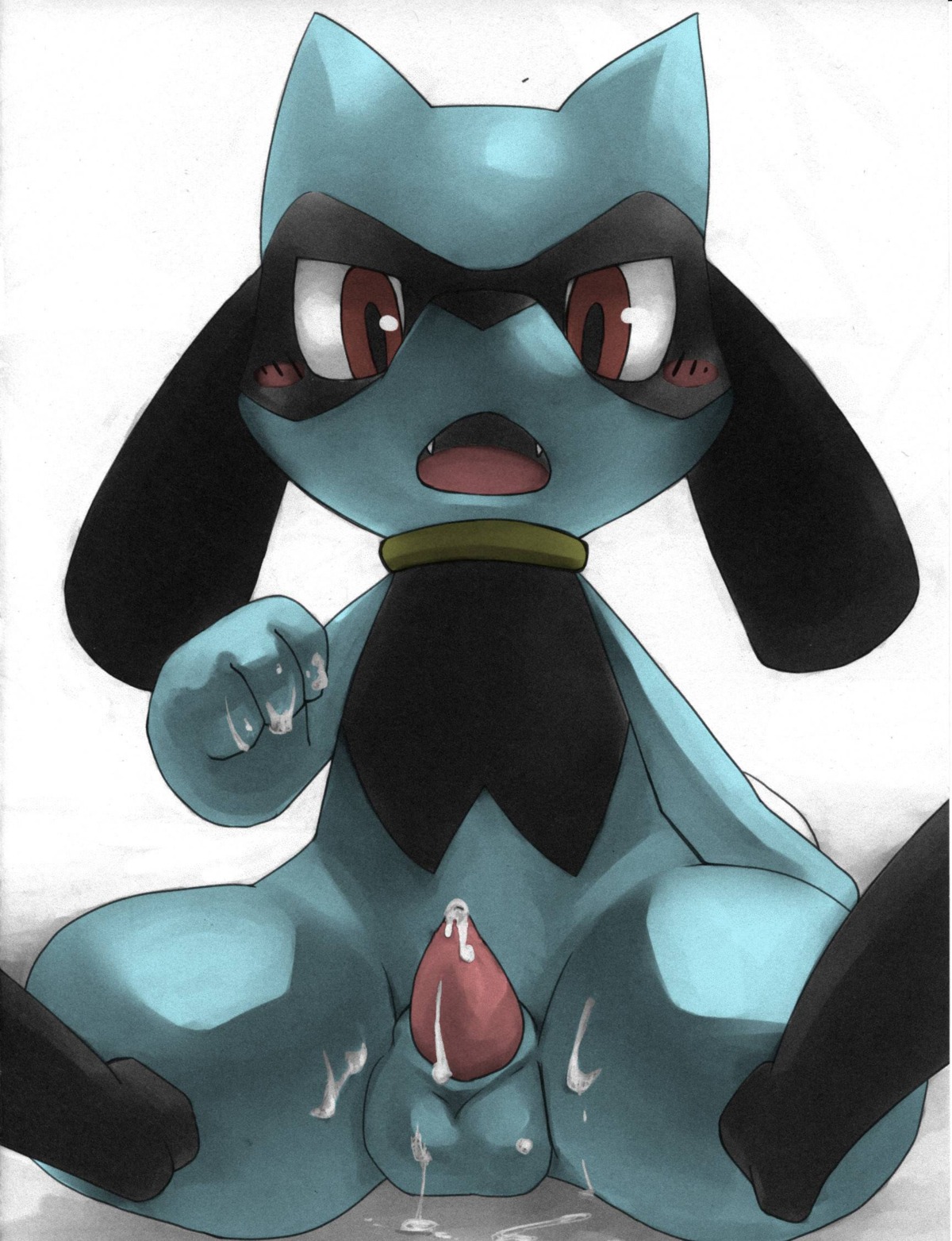 after_masturbation anthro balls biped blue_balls blush blush_stickers bodily_fluids canid canine cum cum_on_balls cum_on_hand cum_on_leg cum_on_penis cute_fangs e621 erection fangs generation_4_pokemon genital_fluids genitals hi_res kuroisumi looking_at_viewer low-angle_view male mammal masturbation nintendo nude open_mouth penile penile_masturbation penis pokemon pokemon_(species) red_eyes riolu semi-anthro simple_background sitting solo spread_legs spreading surprised tapering_penis teeth white_background
