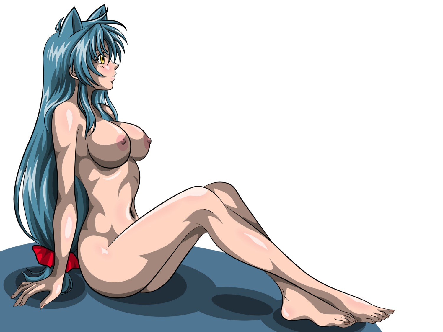 1girls animal_ears blue_hair breasts cat_ears chidori_kaname feet female female_only full_metal_panic highres humanoid large_breasts nipples nude rule34 sitting solo toes white_background yellow_eyes