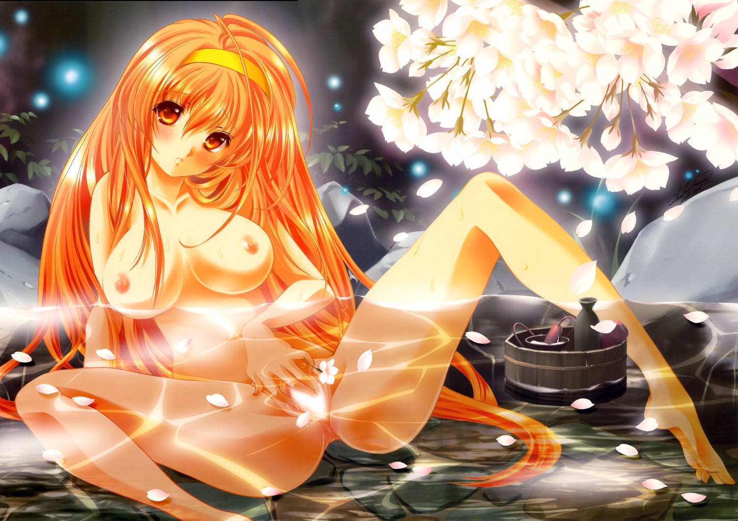 bloom blush breasts censored copyright_request female flower hairband high_resolution long_hair nipples nude onsen petals pussy red_hair rule34 sake solo spread_pussy very_long_hair water