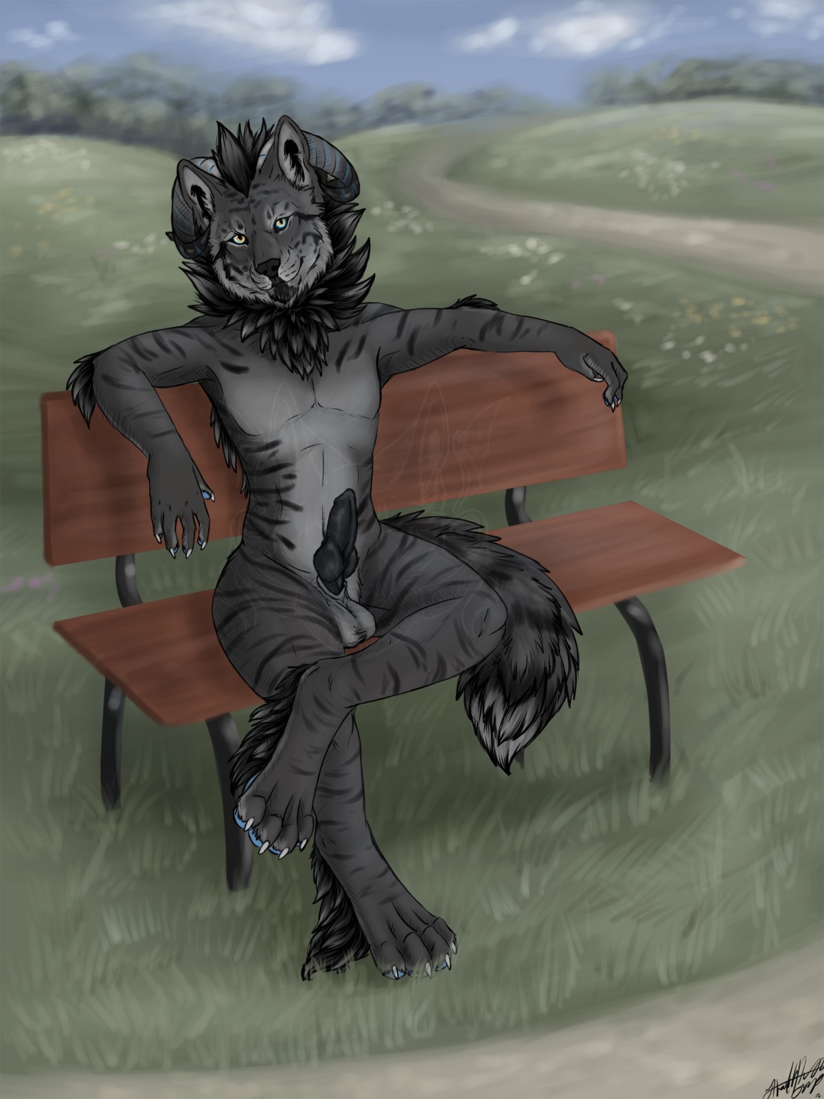 2014 3:4 absurd_res animal_genitalia animal_penis anthro balls bench biped blue_eyes canid canine canine_genitalia canine_penis canis claws cloud dragon e621 erection felid fur furred_dragon furred_scalie genitals hair hi_res horn hybrid knot knotted_penis krimzen_redwing looking_at_viewer male mammal mane muscular muscular_anthro muscular_male mythological_creature mythological_scalie mythology nude on_bench outside park penis public public_erection public_nudity renki_blackwolf scalie sitting sky smile solo stripes tail white_body white_fur wolf