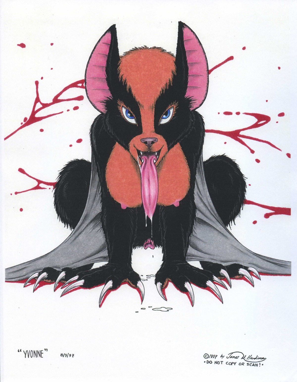 1997 absurd_res anthro bat bat_wings bedroom_eyes biped black_body black_fur black_nose blood blue_eyes bodily_fluids breasts claws crouching drooling e621 english_text fangs feet female fur genitals hi_res james_m_hardiman leaf-nosed_bat long_tongue looking_at_viewer mammal membrane_(anatomy) membranous_wings microbat narrowed_eyes nipples nude pawpads pink_pawpads saliva seductive solo teeth text toes tongue tongue_out vampire_bat vulva wings yangochiropteran yvonne_(jmh)