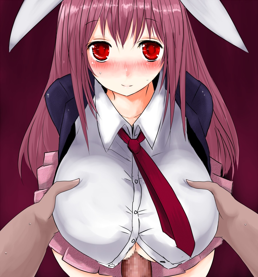 animal_ear blush breast_grab breasts bunny_ear censored dark-skinned_male dark_skin female fur han64 han_(jackpot) huge_breasts male necktie paizuri paizuri_under_clothes penis pov purple_hair red_eyes reisen_udongein_inaba rule34 skirt smile touhou