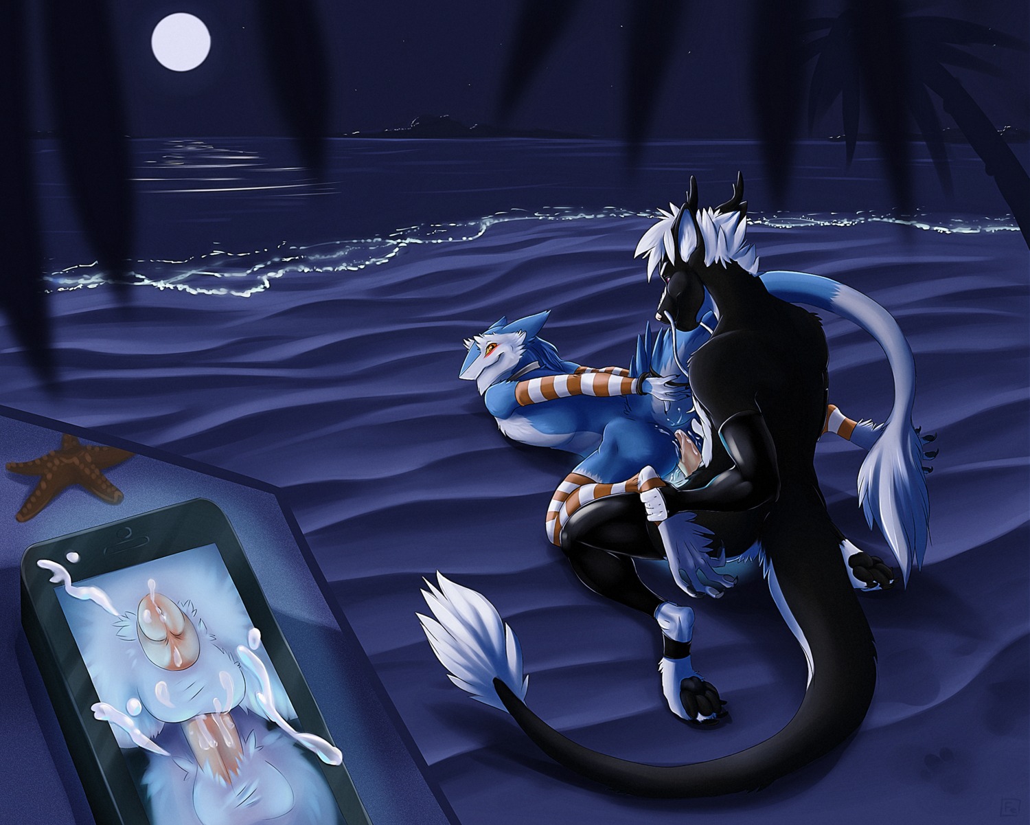 2013 amber_eyes anal anal_penetration anthro anthro_on_anthro arm_warmers armwear backsack balls barbel_(anatomy) bdsm beach black_body black_fur blue_body blue_fur bodily_fluids bondage bound cellphone clothing cum cum_in_ass cum_inside cum_while_penetrated detailed_background digitigrade dominant dominant_male dragon duo e621 ejaculation electronics erection fur furred_dragon furred_scalie genital_fluids genitals hair hands-free hands_behind_back hands_tied hi_res humanoid_genitalia humanoid_penis krauti_mercedes larger_dom larger_male leg_warmers legwear light little.sparrow looking_back male male/male male_penetrated male_penetrating male_penetrating_male mammal markus_(dowantanaccount) moon mythological_creature mythological_scalie mythology night nude orgasm outside palm_tree pattern_armwear pattern_clothing pattern_legwear pawpads paws penetration penis phone plant raised_tail sand scalie seaside sergal sex sex_on_the_beach size_difference smaller_male smartphone stockings striped_armwear striped_clothing striped_legwear stripes submissive submissive_male tail tail_bondage tail_tied tree water white_body white_fur white_hair yellow_sclera