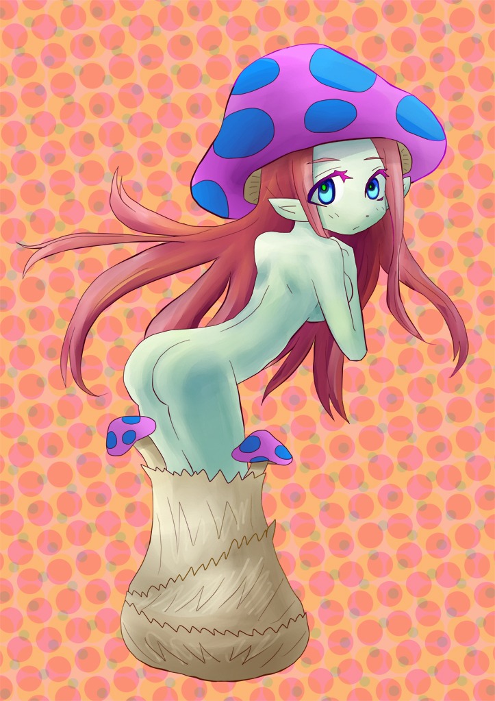ass blue_eyes breasts female matango monster_girl mushroom n_(artist) original pink_hair plant_girl pointy_ears rule34