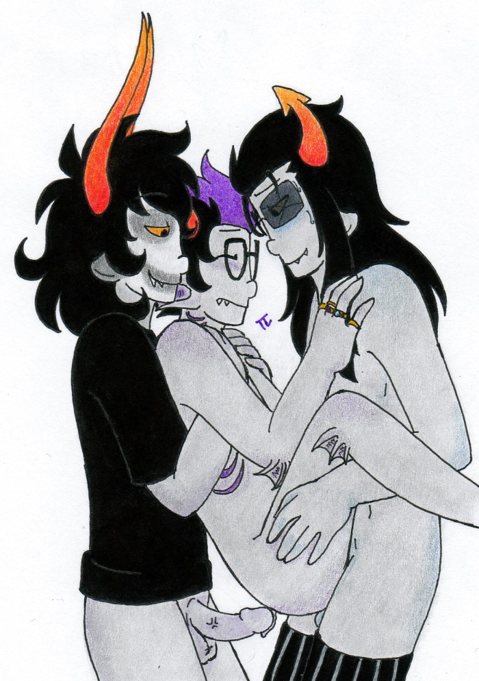 3boys anal black_hair closed_eyes equius_zahhak eridan_ampora facepaint fins gamzee_makara gay gills glasses grey_skin homestuck horns long_hair male ms_paint_adventures naked no_pants pandemoniumincarnate penis pointy_ears precum purple_highlights rings rule34 sharp_teeth short_hair smile source_request stockings sunglasses troll white_background yellow_eyes