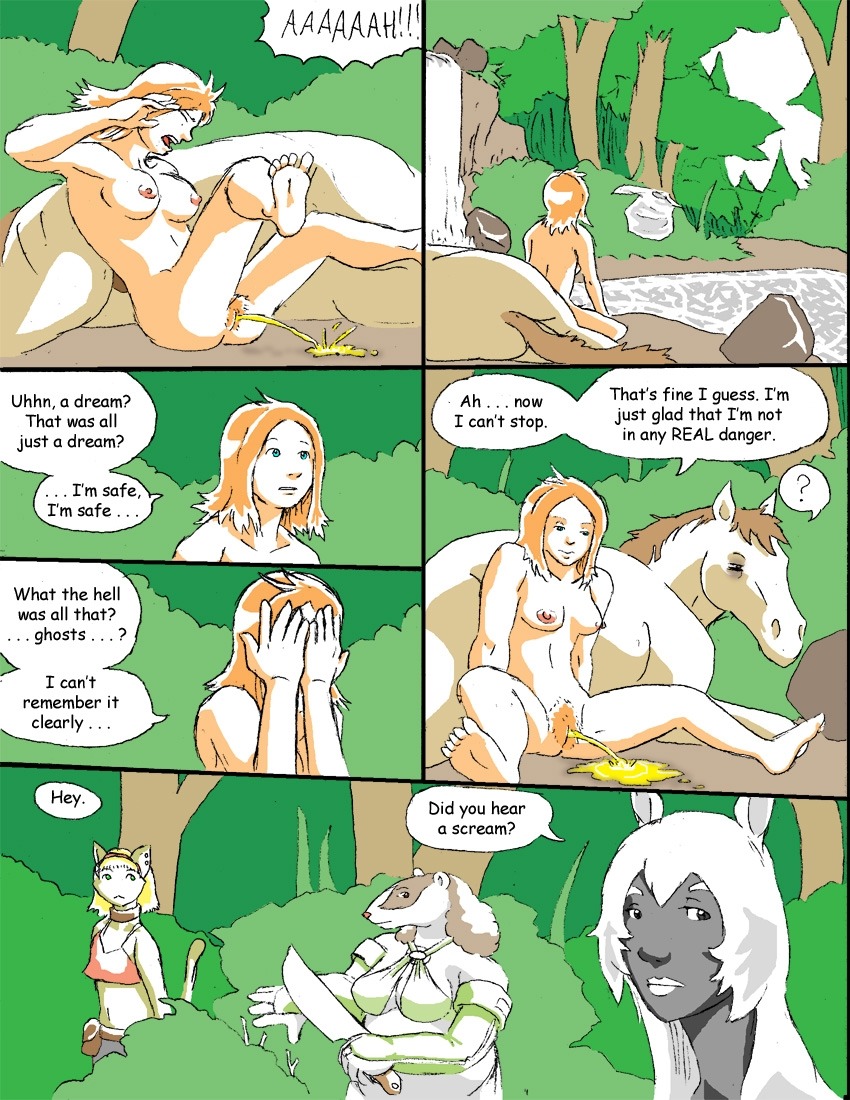 anthro badger bodily_fluids breasts centaur codje_(reiger) comic damsel_(reiger) detailed_background dialogue digital_media_(artwork) domestic_cat e621 english_text equid equid_taur equine european_mythology felid feline felis female feral forest genital_fluids genitals greek_mythology group holding_object holding_weapon horse human humanoid humanoid_taur ione_(reiger) machete maeda_(reiger) mammal mammal_taur melee_weapon mustelid musteline mythology nature nipples nude outside peeing plant question_mark reiger tail taur text trans_(lore) trans_woman_(lore) tree urine vulva water weapon wood