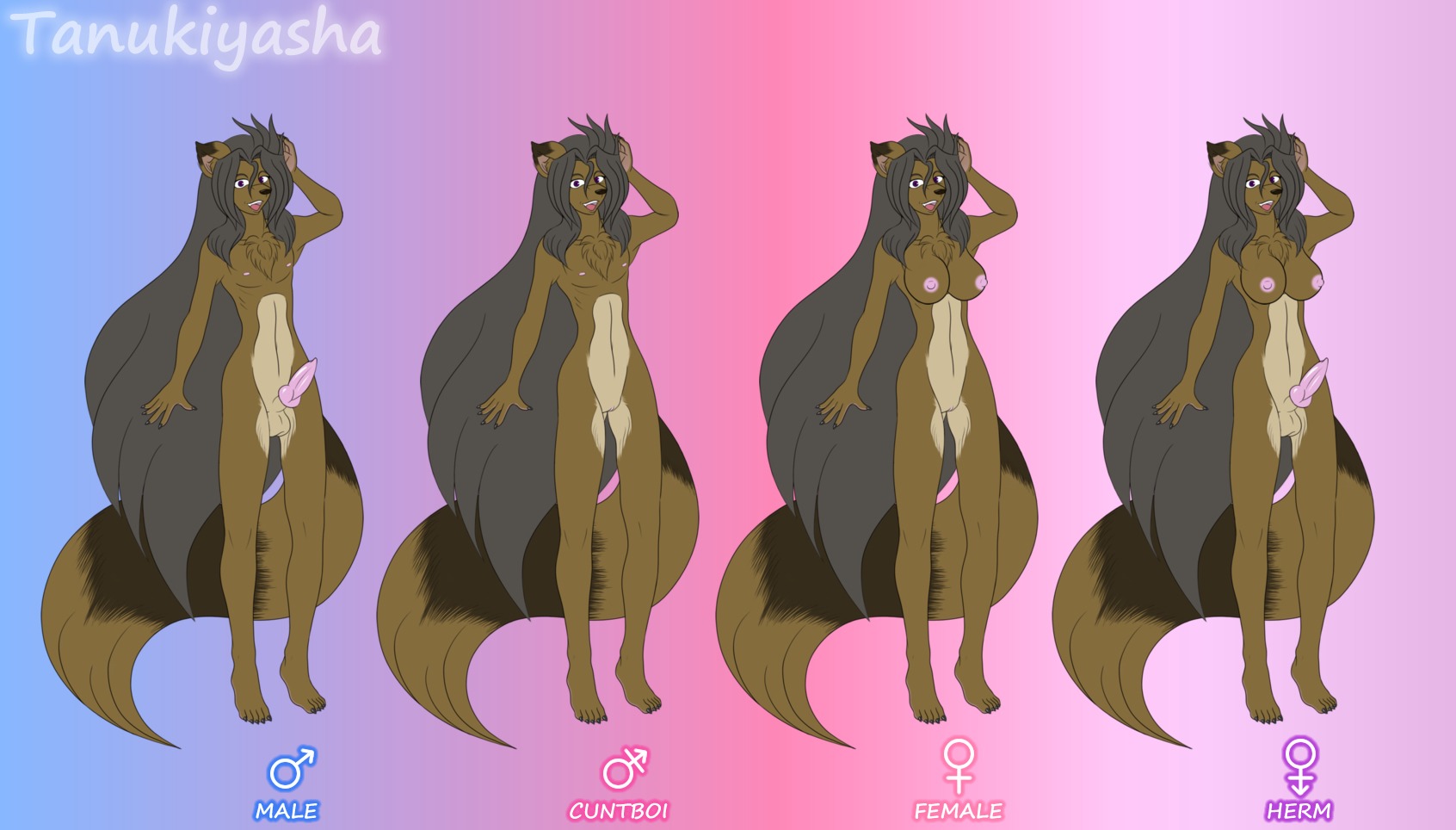 abstract_background andromorph animal_genitalia animal_penis anthro balls barefoot breasts canid canine canine_genitalia canine_penis crossgender digital_media_(artwork) e621 erection feet female female_symbol flat_colors fur gender_symbol genitals gradient_background group gynomorph hair hi_res intersex intersex_symbol knot long_hair magnesium_symbol male male_symbol mammal model_sheet nipples nude nude_andromorph nude_anthro nude_female nude_gynomorph nude_intersex nude_male penis purple_eyes raccoon_dog sheath simple_background solo_focus symbol tail tanuki tanukiarts vulva