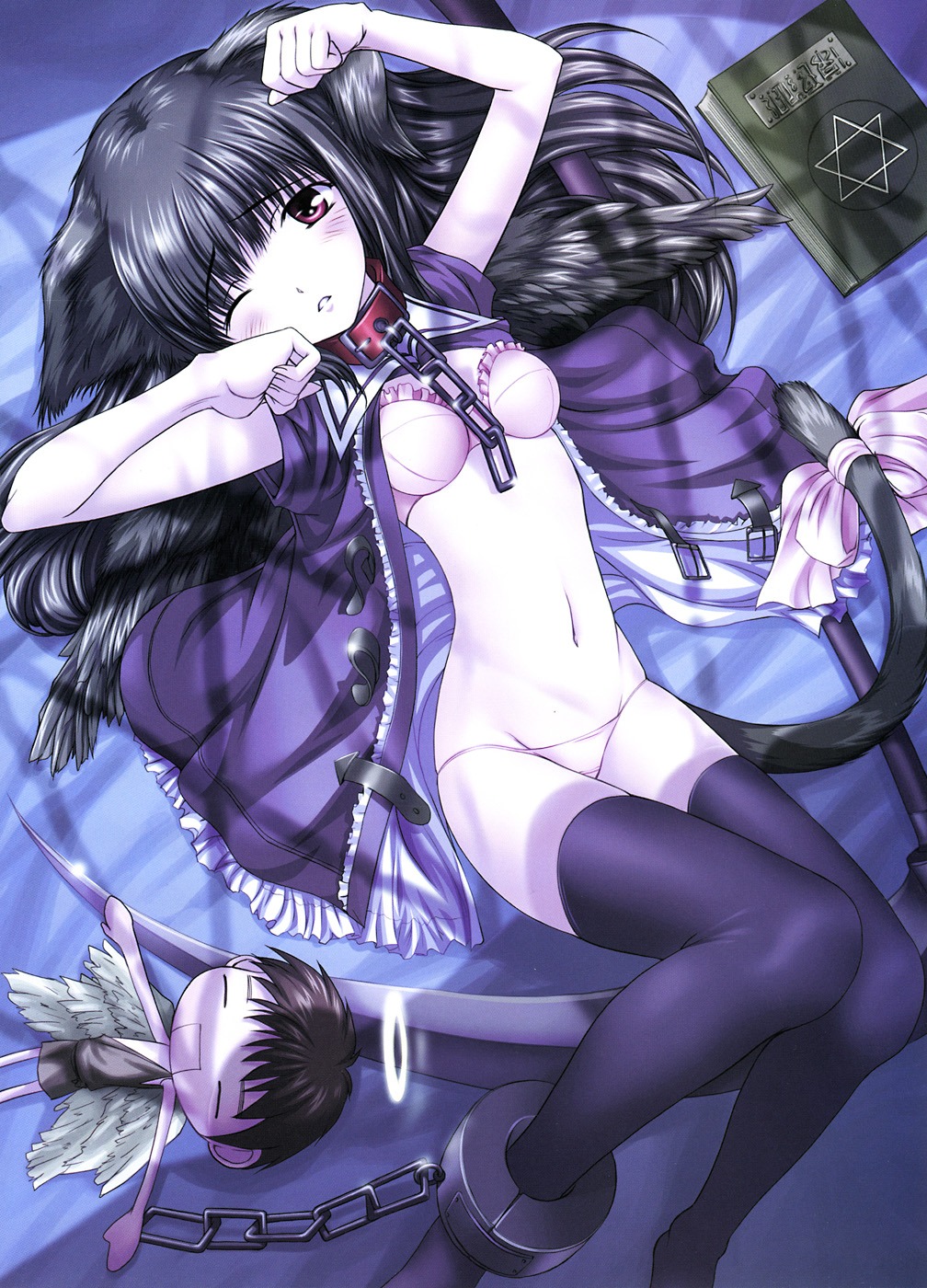 animal_ears bed black_hair black_legwear bra cat_ears dress female frilled_bra frills highres leash lingerie lying on_back open_clothes open_dress panties red_eyes rule34 thighhighs underwear white_bra white_panties wings